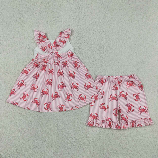 GSSO3066 Kids Baby Girls Flutter Sleeve Pink Stripe Crabs Tunic Ruffle Shorts Clothes Sets