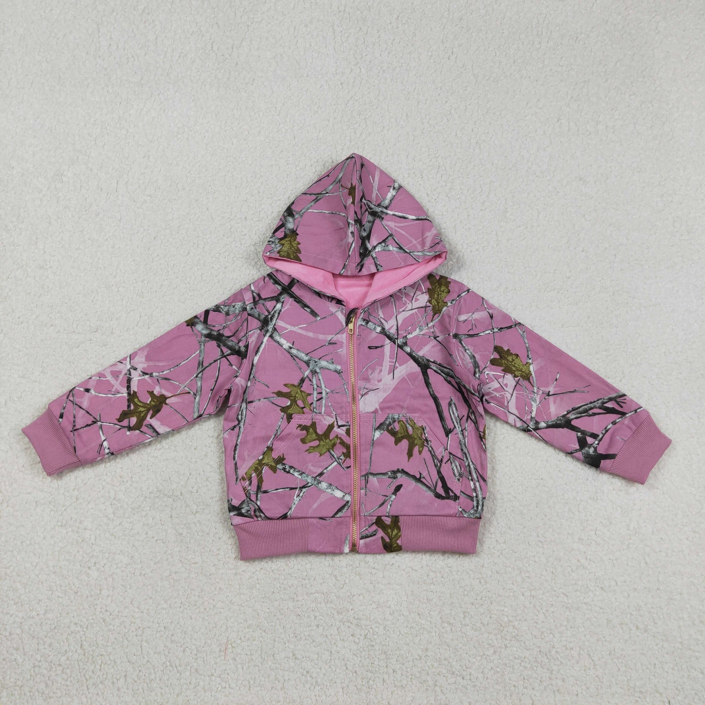 GT1591 Kids Baby Girl Pink Southern Leaves Camo Zip Pockets Hoodie Jackets Top