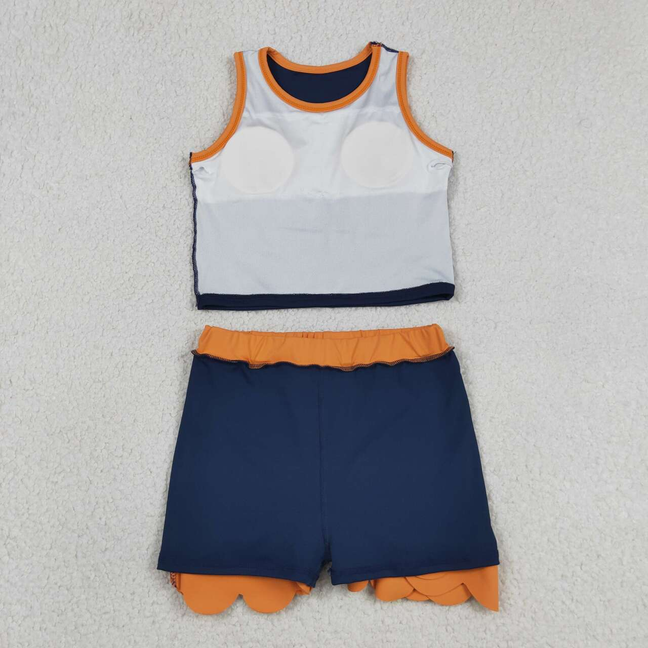 GSD4017 Kids Baby Girls Navy Orange Vest Scallop Skirt Short Yoga Active Clothes Set