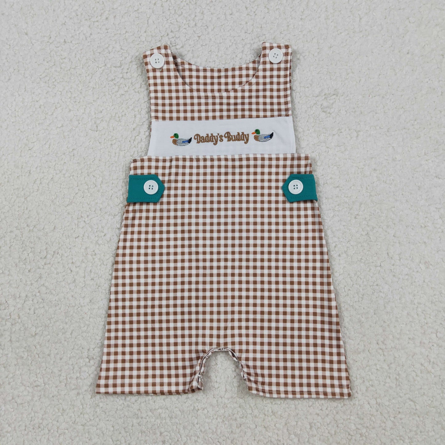 SR3508 Newborn Embroidery Ducks Daddy Buddy Baby Boys Khaki Checked Rompers