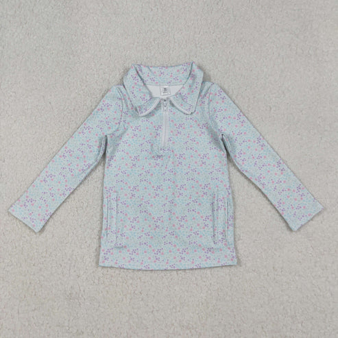10.10 GT1182 Baby Girls Light Blue Floral Zipper Pockets Yoga Pullovers Top