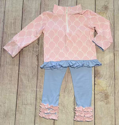 10.21 GLP2954 Baby Girls Pink Bows Checked Zipper Pullovers Ruffle Leggings Clothes Sets Preorder