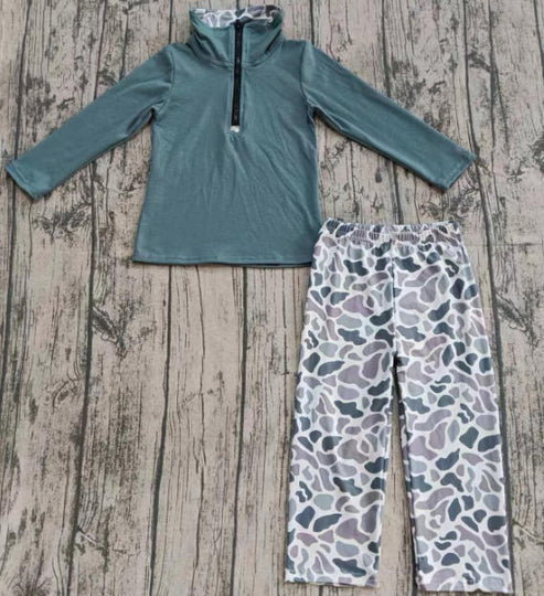 10.13 Custom Moq 8 Baby Boys Dark Grey Long Sleeve Zipper Pullover Camo Pants Western Clothes Sets