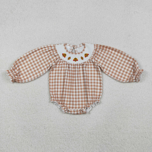 10.25 LR2205 Baby Girls Long Sleeves Khaki Plaid Smocked Turkey Leaves Ruffle Romper