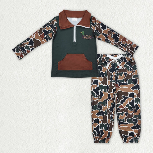 10.17 BT0927+P0650 Embroidery Duck Baby Boys Dark Brown Camo Pocket Zipper Pullover Jogger Clothes Set