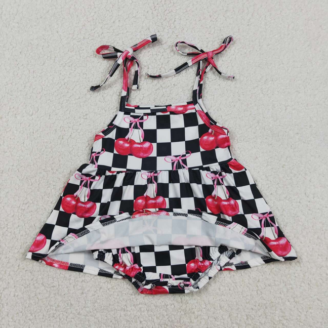 SR3854 Kids Baby Girls Strap Black Checked Cherry Ruffle Tunic Rompers