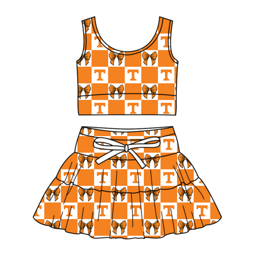 Custom Milk Silk Order MOQ:3 or 5 pcs Each Design Team State Girl Summer Bow Orange Sleeveless Skirts Sets