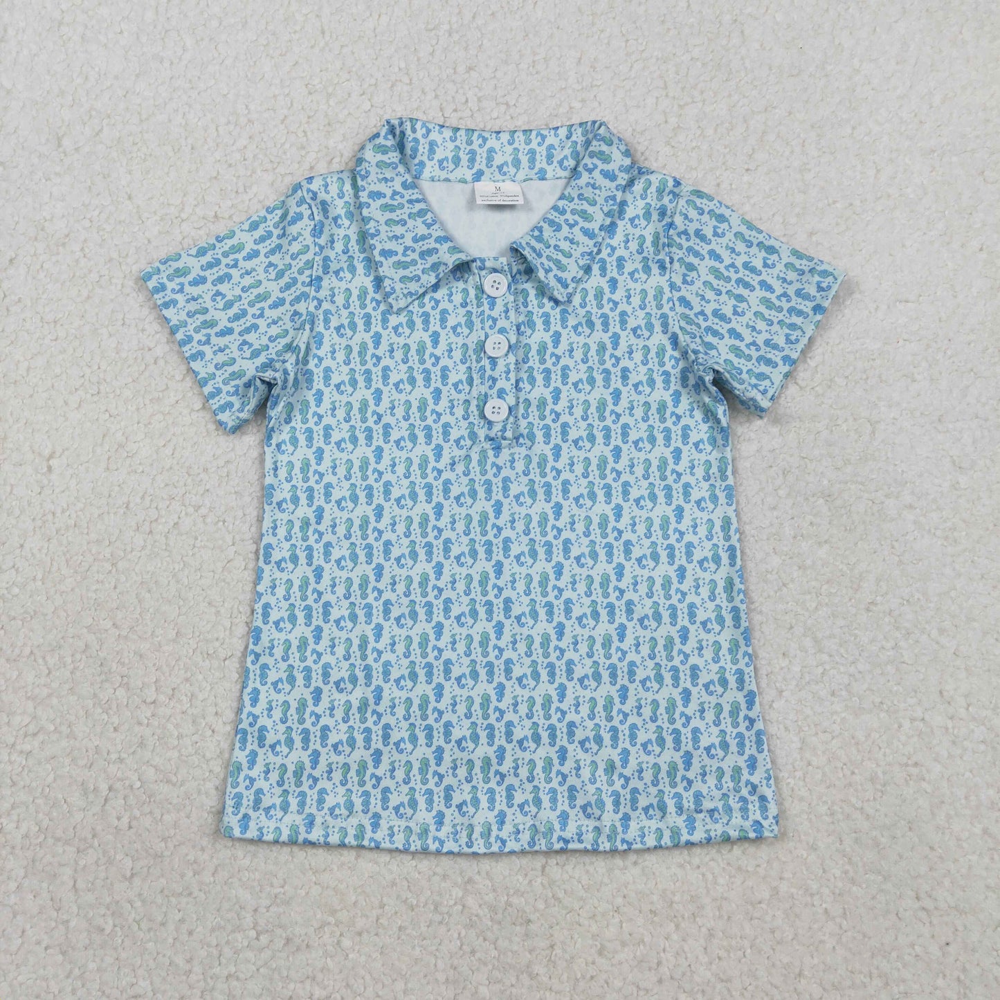 BT1113 Kids Baby Boy Blue Short Sleeve Seahorses Button Polo Shirts Tops