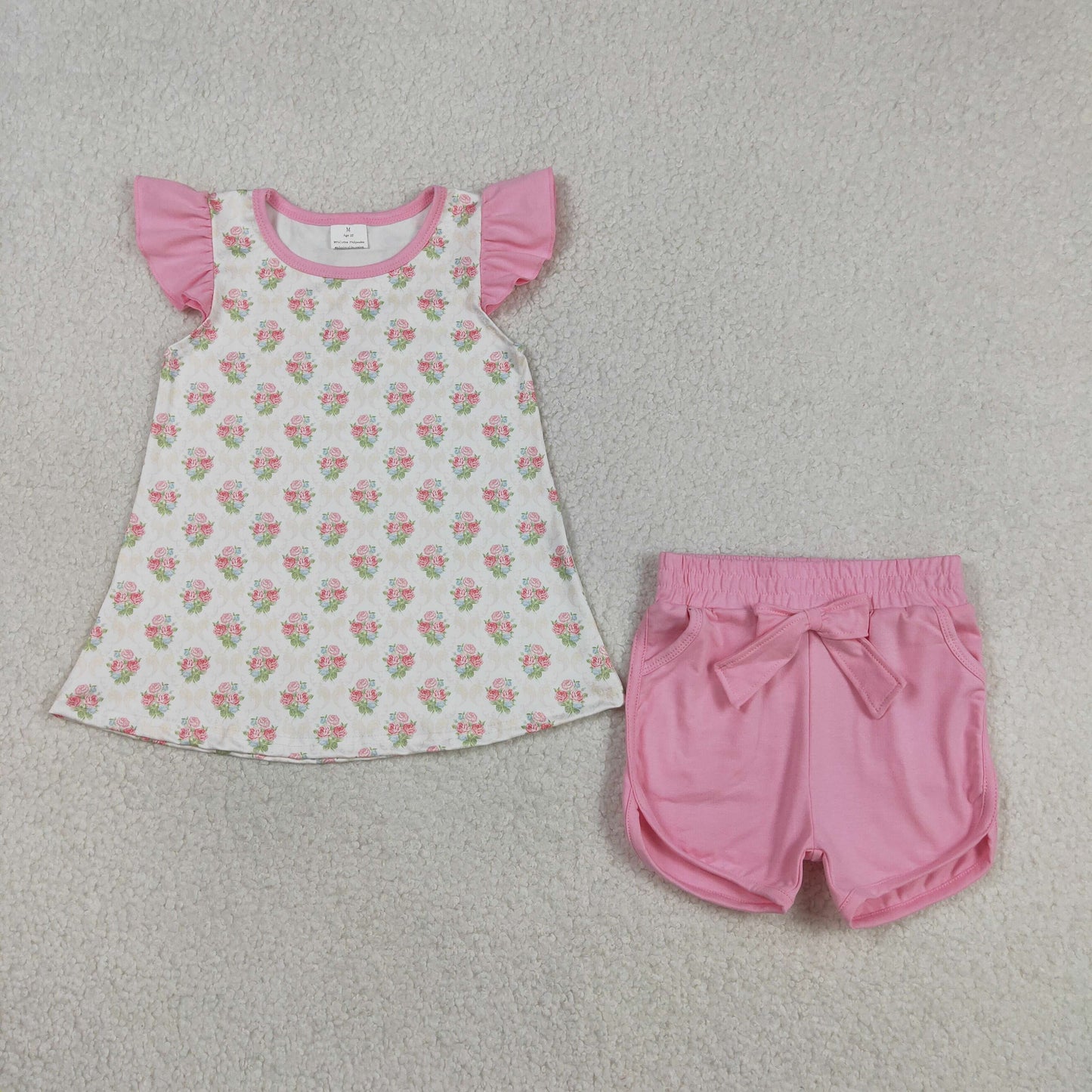 GSSO2953 Baby Girl Pink Flowers Checked Tunic Pockets Short Clothes Sets