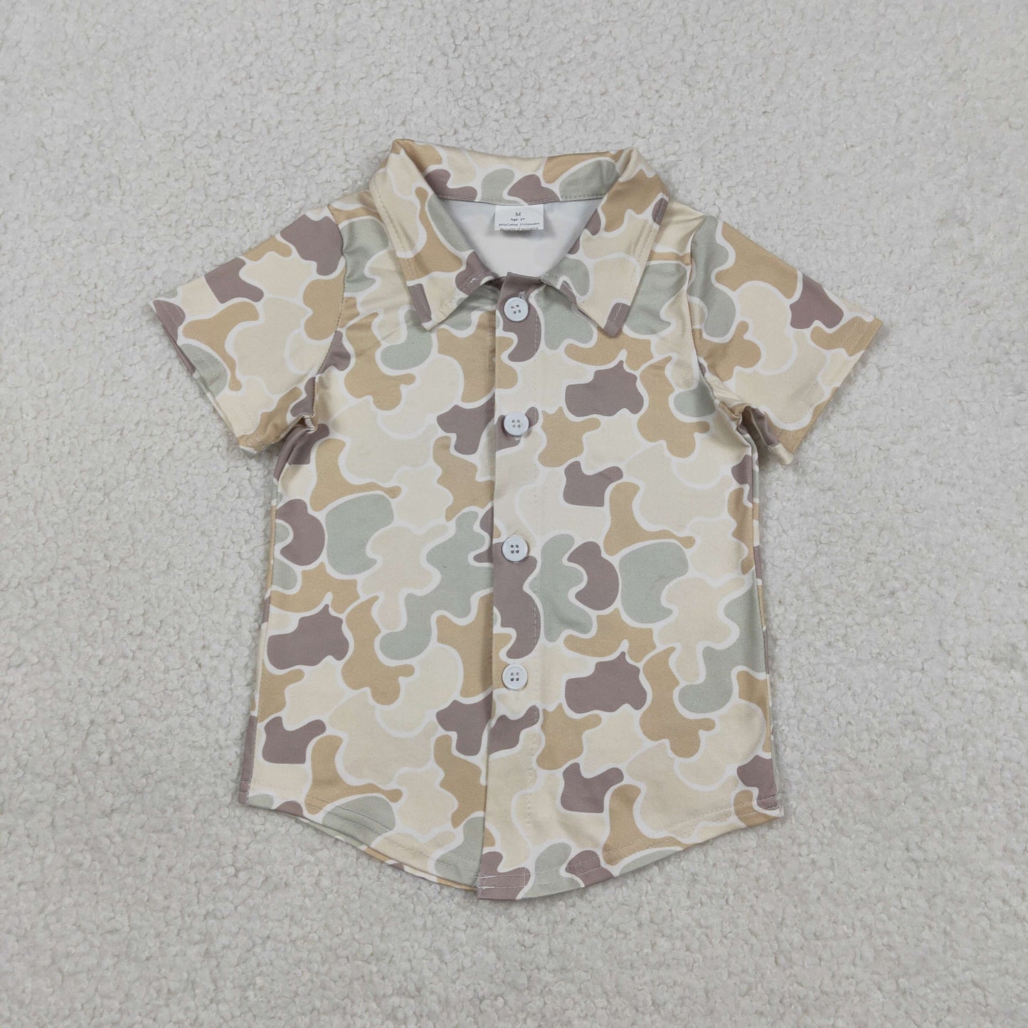 RTS NO MOQ(In Stock) BT1566 Yellow-brown-green camouflage button short-sleeved top