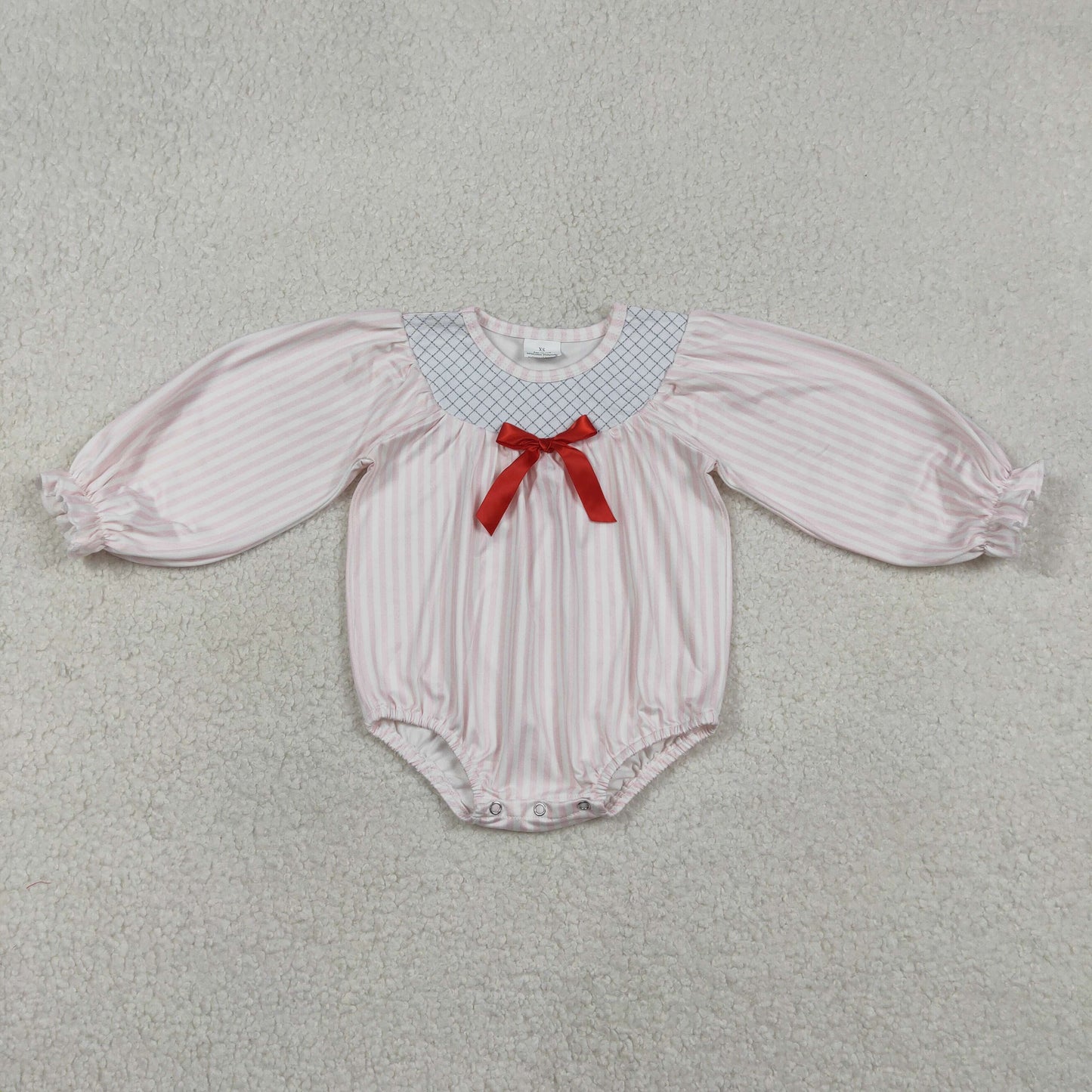RTS NO MOQ(In Stock) Embroidered Red Bow Pink Vertical Stripe Long-Sleeve Jumpsuit