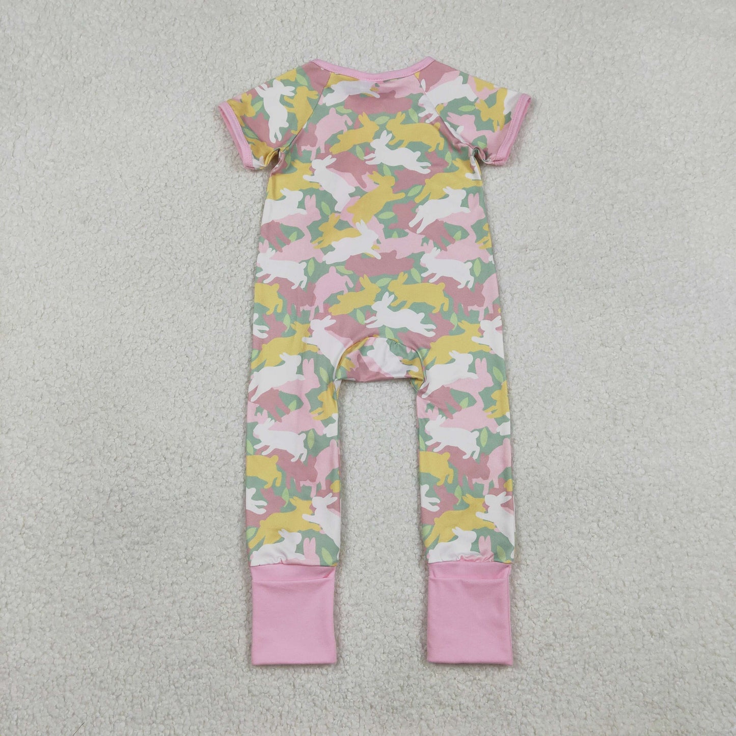 RTS NO MOQ(In Stock) SR3715 Rabbit Camouflage Pink Zipper Short-Sleeve Jumpsuit SR3572