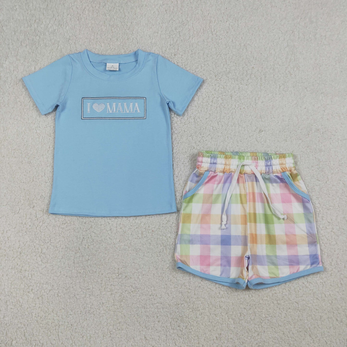 BSSO1605 Kids Embroidery I Love Mama Baby Boy Top Checked Pockets Short Clothes Sets