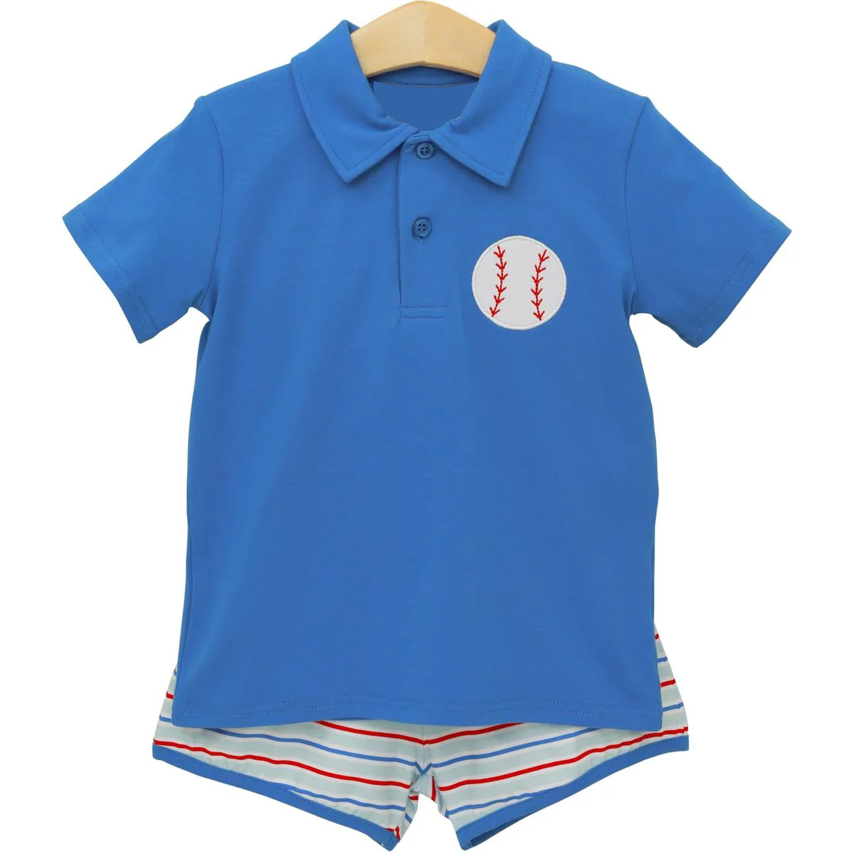 BSSO1877 Preorder Embroidery Baseballs Baby Boy Blue Button Top Stripe Shorts Team Clothes Sets