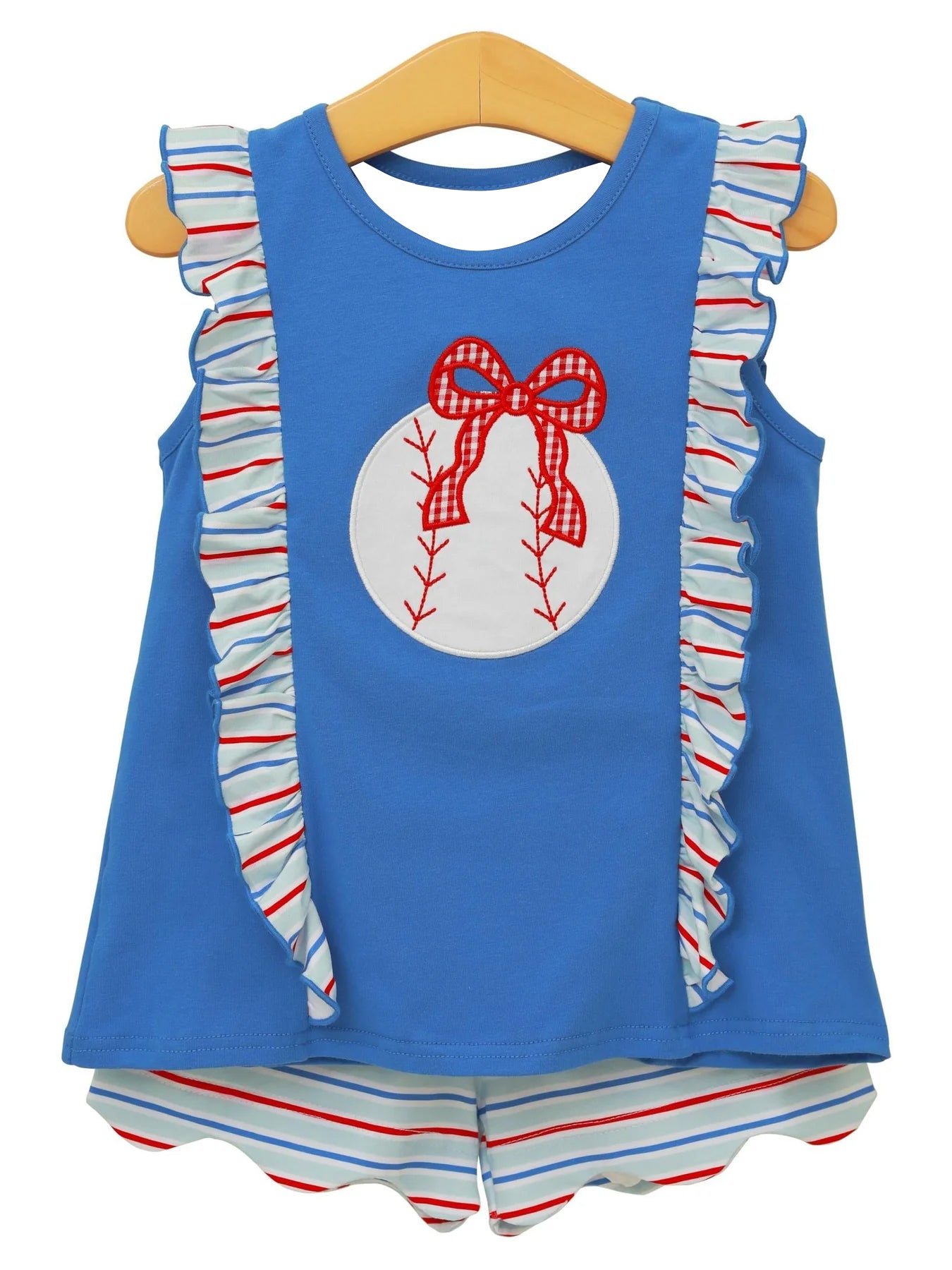 GSSO3191 Preorder Baby Girl Bow Baseballs Tunic Red Blue Stripe Shorts Team Clothes Sets