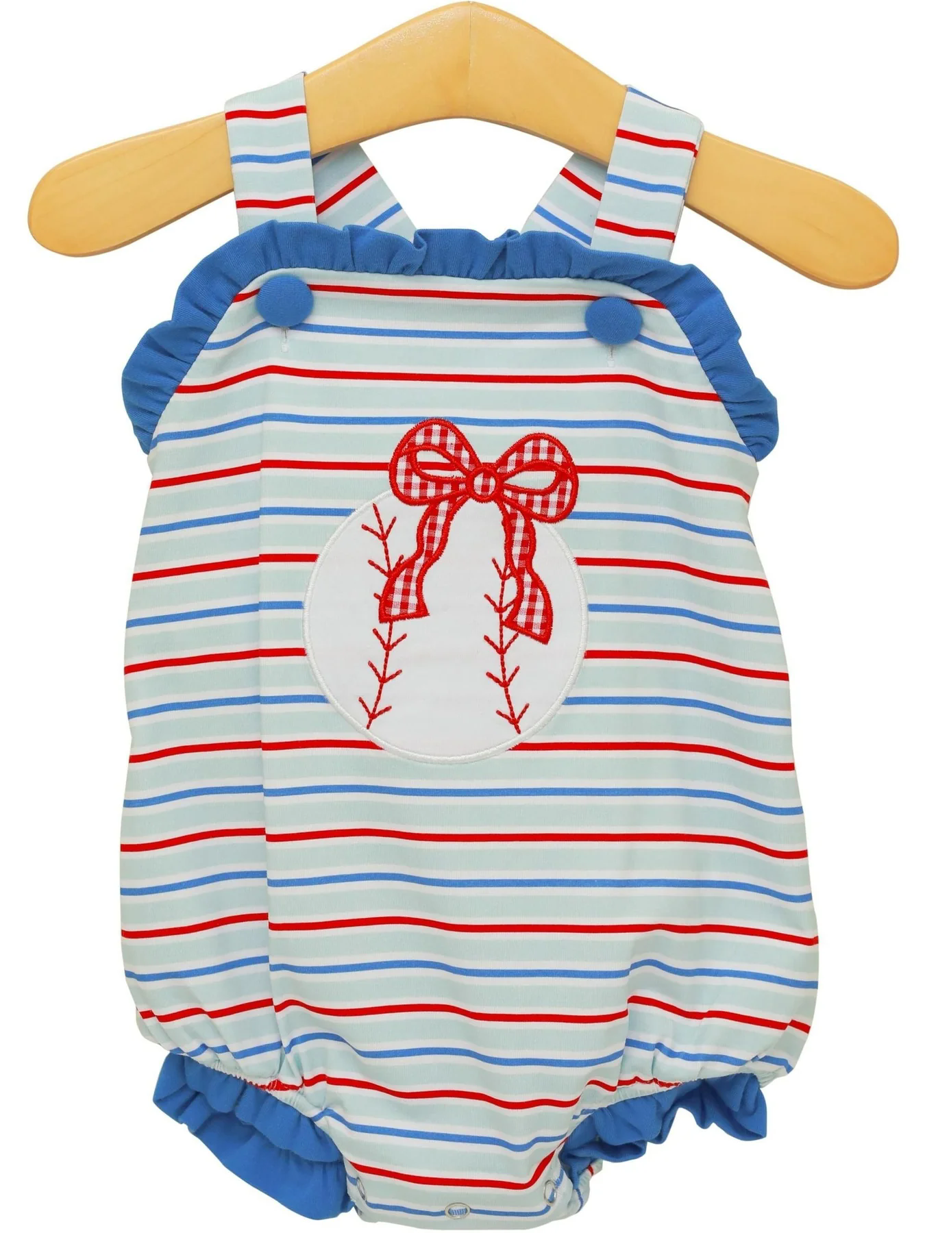 SR3978 Preorder Baby Girl Strap Stripe Bow Baseballs Team Ruffle Rompers