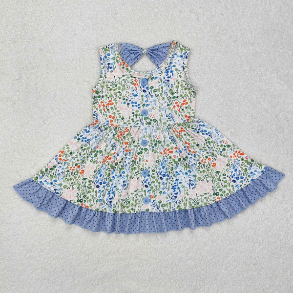 L-3.2 GSD1086 Baby Girls Blue Small Flowers Knee Length Dress