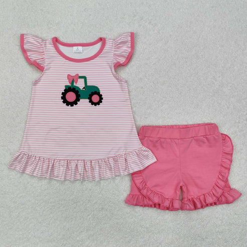 GSSO1757 Baby Girls Pink Truck Bow Tunic Shorts Clothes Set