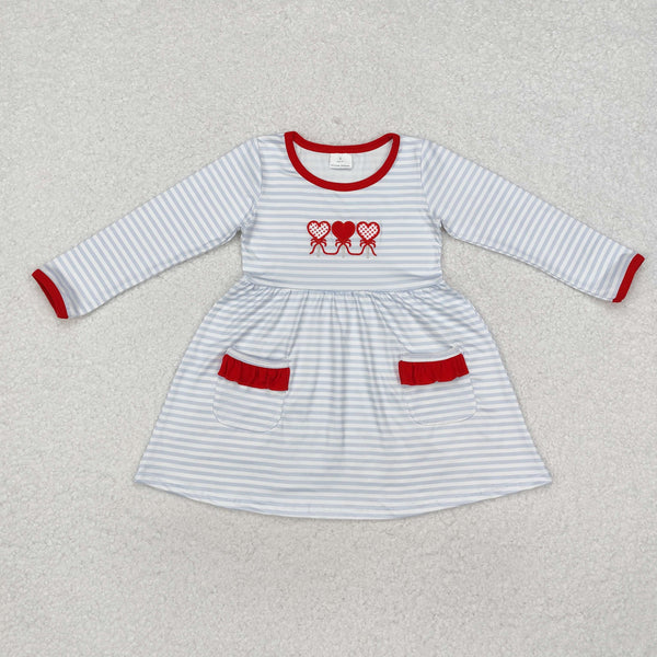 L-3.3 GLD0884 Baby Girls Valentines Embroidery Hearts Grey Stripes Knee Length Dress