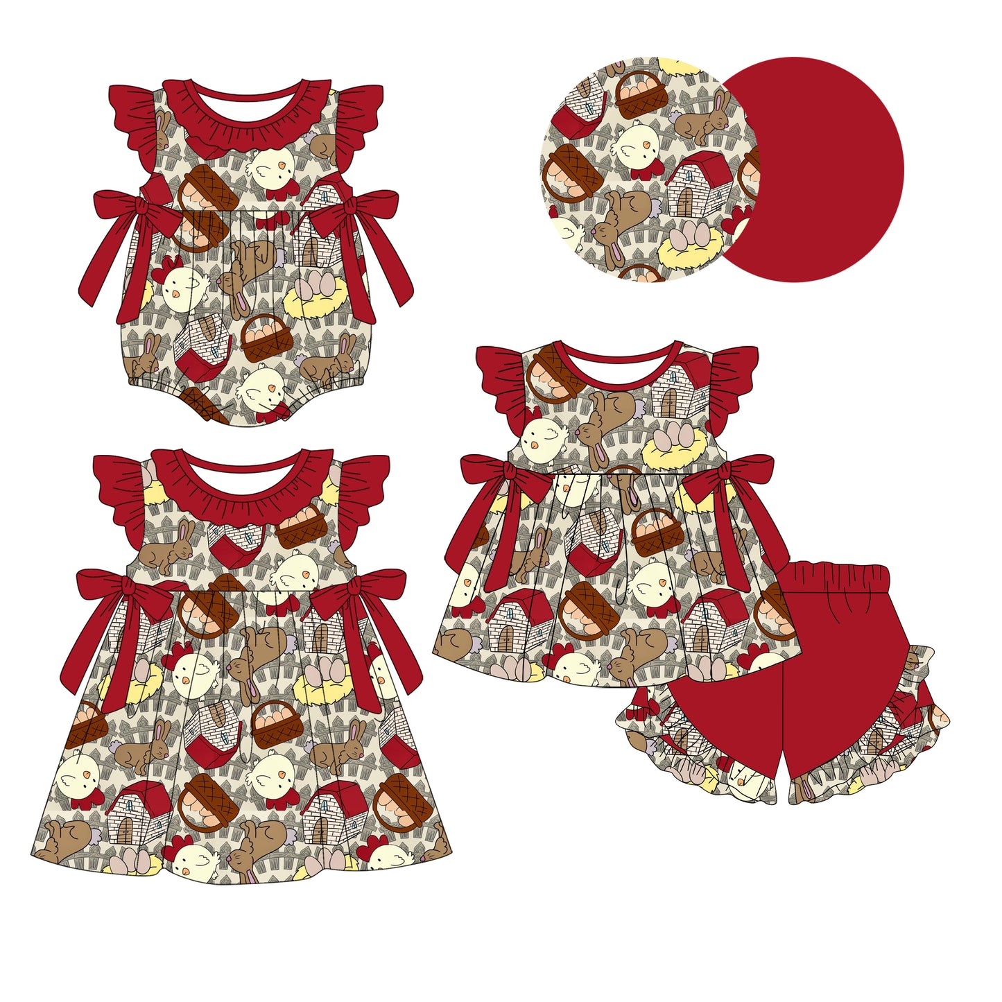 26.1.6 Custom MOQ:3 or 5 pcs each design milk silk Sibling baby girl clothes easter short sleeve shorts sets and dress and romper