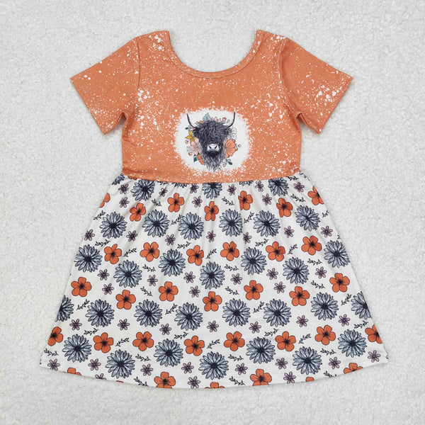 L-3.3 GSD1253 Baby Girls Highland Cow Flowers Short Sleeve Knee Length Dress