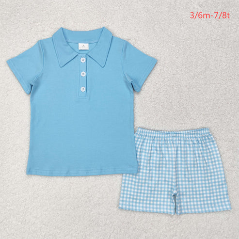 BSSO0865 Solid sky blue short-sleeved plaid shorts suit
