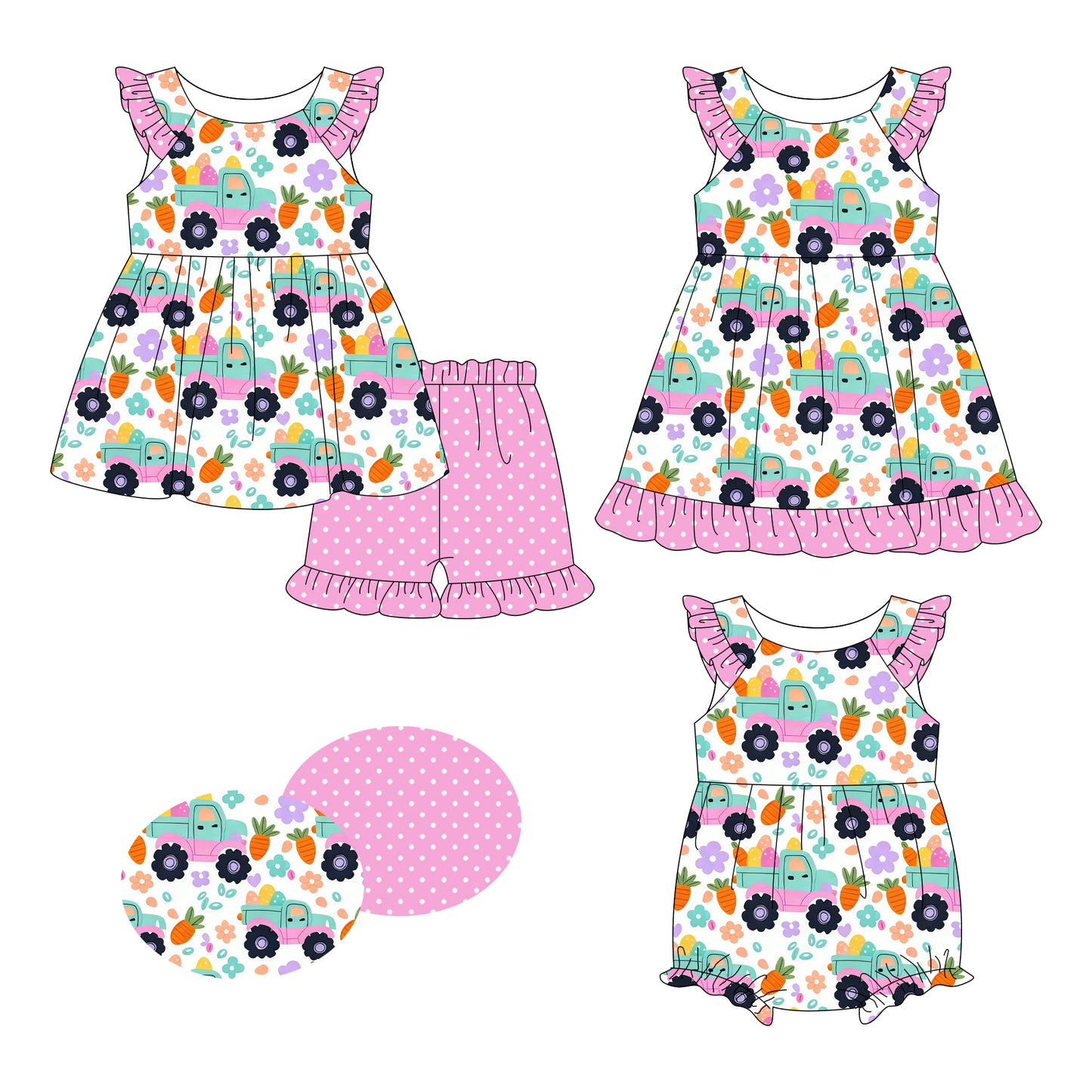 26.1.8 Custom MOQ:3 or 5 pcs each design milk silk Sibling baby girl clothes easter short sleeve shorts sets and dress and romper