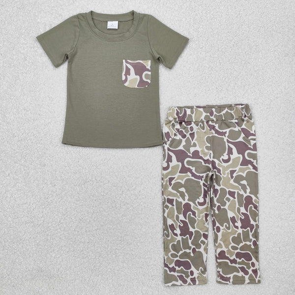 BSPO0521 Baby Boys Green Pocket Top Camouflage Pants Clothing Set