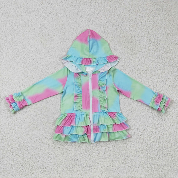 A23-16 Girl Tie Dye Zipper Ruffle Hooded Jackets