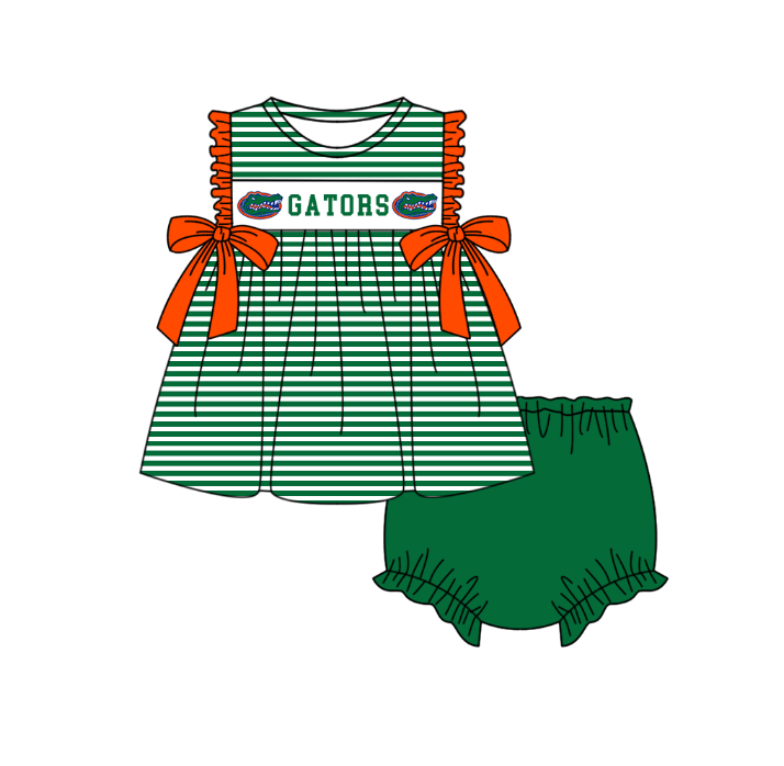 1.29 Custom Order Moq 3 Baby Girl Gators Bows Stripe Tunic Top Bummies Team Clothes Sets