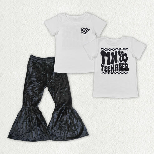 3.14 GT0527+C3-12 Baby Girls Tiny Teenager Shirt Top Black Velvet Bell Pants Clothes Set