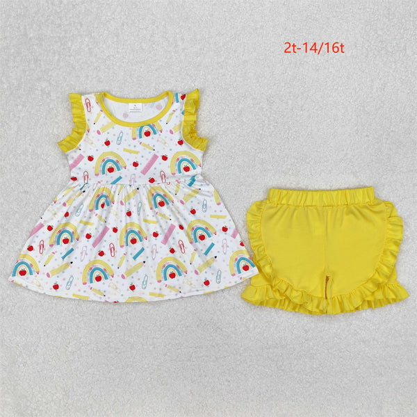 3.17 GSSO1913 Baby Girls Rainbow Back To School Tunic Ruffle Shorts Clothes Set
