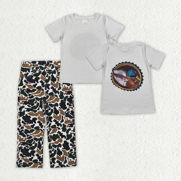 BT0964+P0594 Boys Duck Shirt Camouflage Denim Jeans Pants Clothes Set