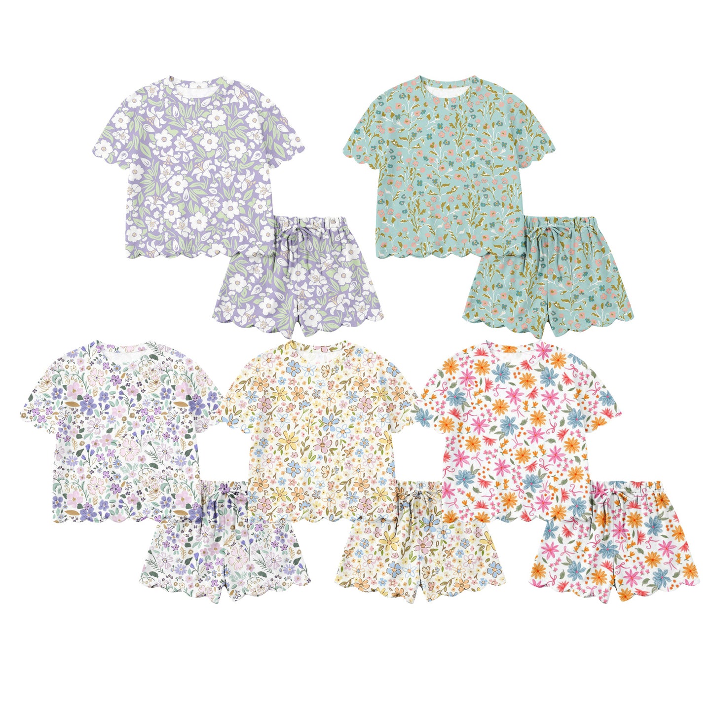 26.1.14 Custom MOQ:3 or 5 pcs each design milk silk Sibling baby boy girl clothes floral short sleeve shorts sets 5