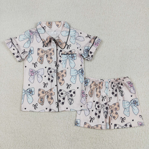 GSSO1810 Baby Girls Bows Dogs Buttons Shirts Shorts Pajamas Clothes Set
