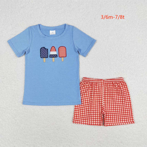BSSO0744 Embroidered Popsicle ice cream Blue short sleeve red plaid shorts set