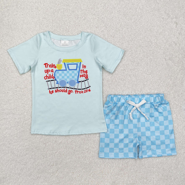 BSSO1128 Baby Boys Blue Checkered Shirt Shorts Clothes Set