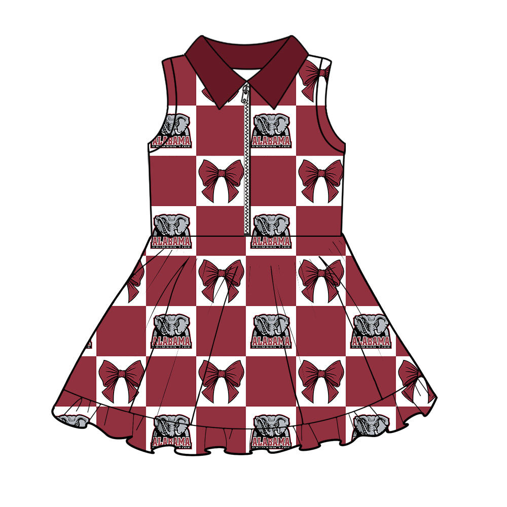Custom Milk Silk Order MOQ:3 or 5 pcs Each Design Team State Girl Summer Bow Dark Red Sleeveless Dress-26.1.17