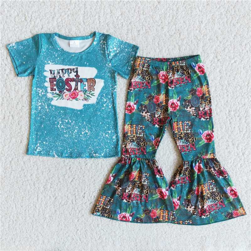 L-3.8 B2-12 Easter Blue Short Sleeve Floral Flared Pants Set