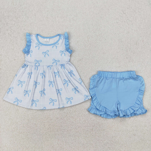 3.19 GSSO2120 Baby Girls Blue Bows Sleeveless Tunic Ruffle Shorts Clothes Set