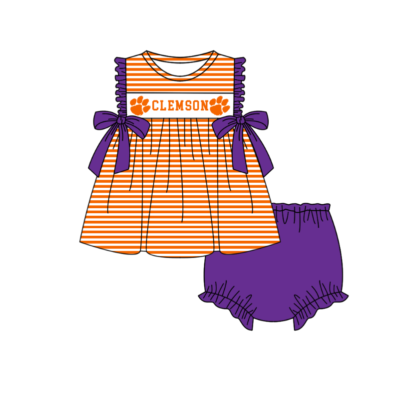 1.31 Custom Order Moq 3 Baby Girl Clemson Orange Bows Stripe Tunic Top AU AUBURN Team Clothes Sets