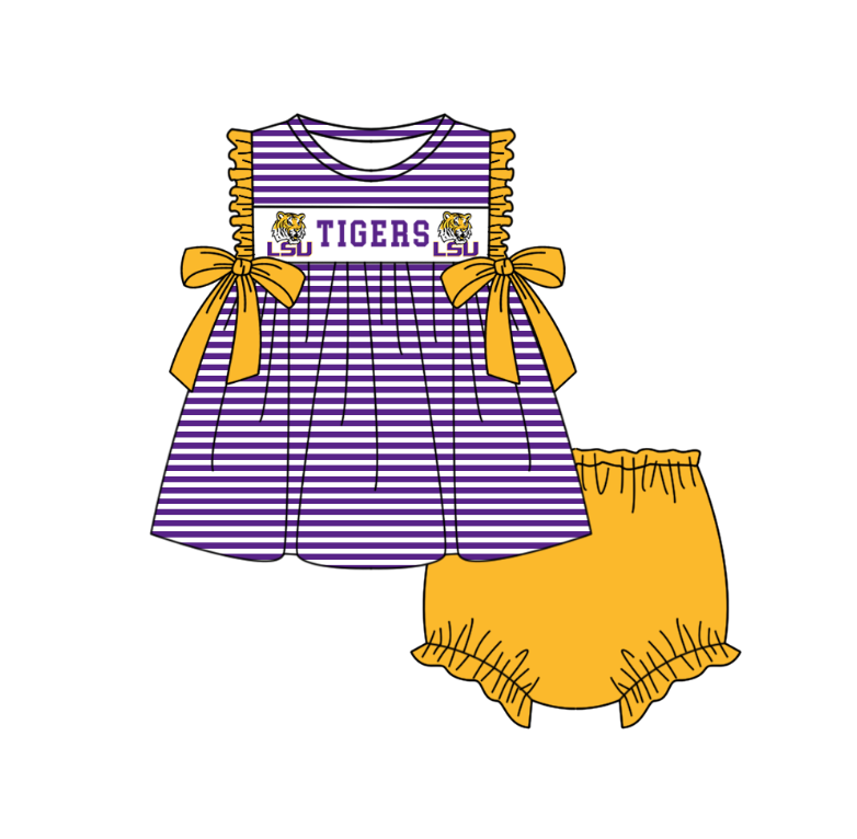 1.30 Custom Order Moq 3 Baby Girl LSU Tigers Bows Stripe Tunic Top Bummies Team Clothes Sets