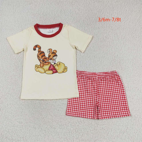 BSSO0939 Boy's cartoon bear beige short sleeve red plaid shorts suit