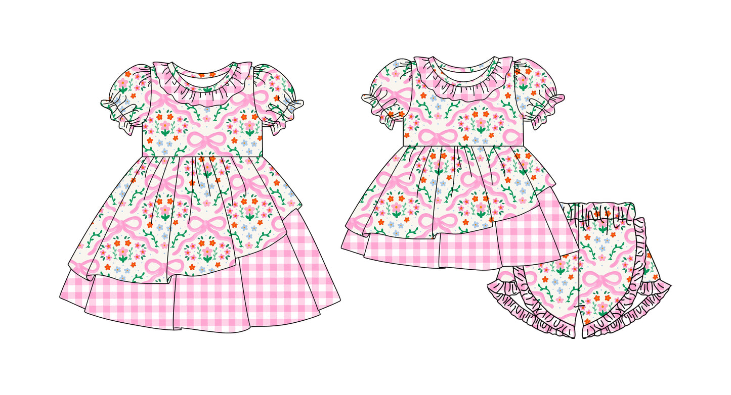 26.1.10 Custom MOQ:3 or 5 pcs each design milk silk Sibling baby girl clothes bow floral short sleeve shorts sets and dress