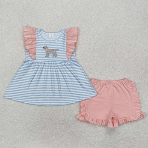 GSSO1563 Baby Girls Blue Stripes Dog Tunic Ruffle Shorts Clothes Set
