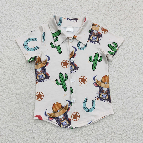 BT0213 Western Boy Cow Cactus Short Sleeve Shirt