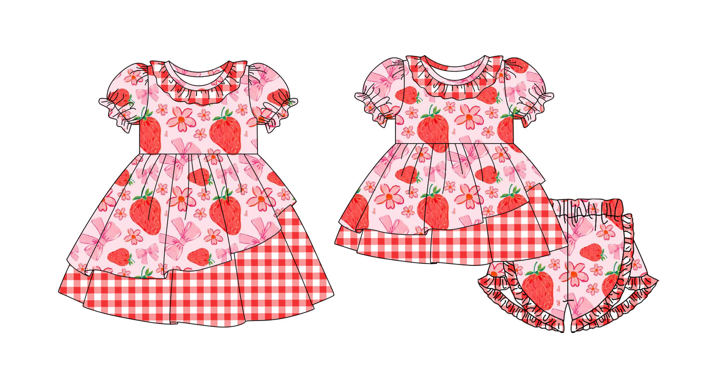 26.1.10 Custom MOQ:3 or 5 pcs each design milk silk Sibling baby girl clothes strawberry bow floral short sleeve shorts sets and dress