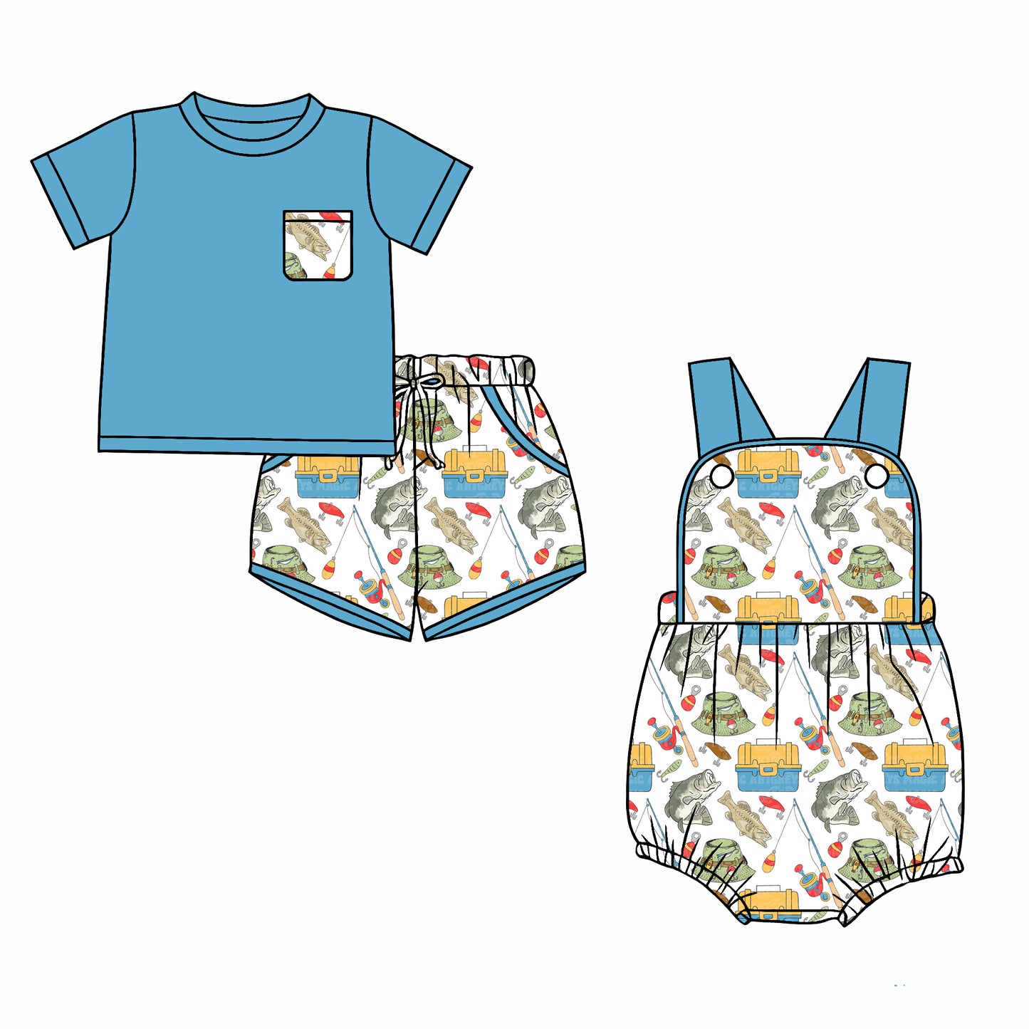 26.1.1 Custom MOQ:3 or 5 pcs each design milk silk Sibling baby boy clothes fish short sleeve shorts sets and romper