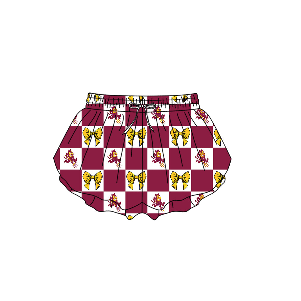 Custom Moq 3 or 5 Team Design Baby Girl Burgundy Bows Plaid Team Ruffle Shorts