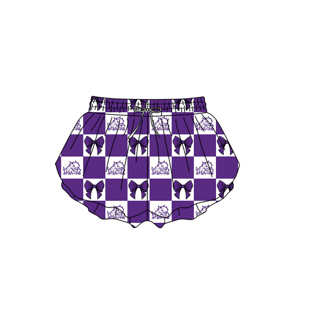 Custom Moq 3 or 5 Team Design Baby Girl Purple TCU Bows Plaid Team Ruffle Shorts